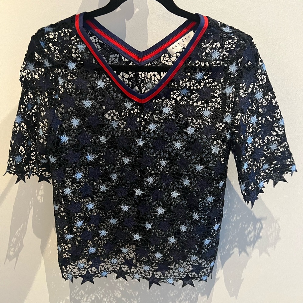 NWOT, Sandro, short sleeve, star embroidered, cut out, blue blouse